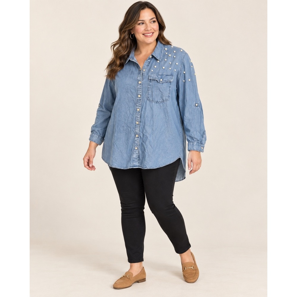Women Denim Shirt Top 2X Blue Lyocell Pearl Embellished Roll Tab Button